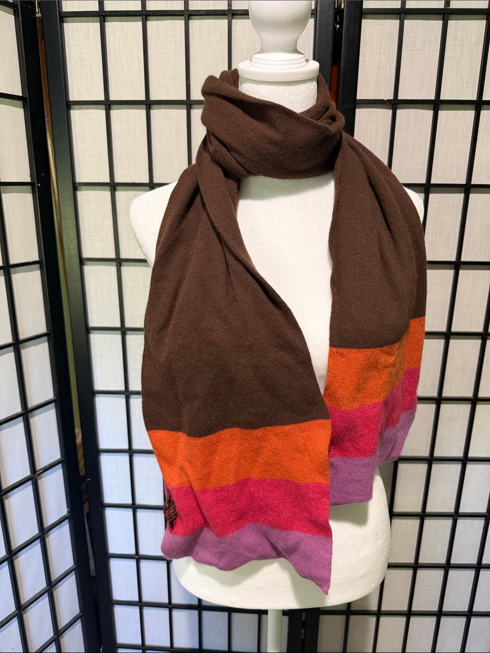 Arthur & Rox Brown Colorblock Scarf with Stripes Lambs Wool/Angora Scotland